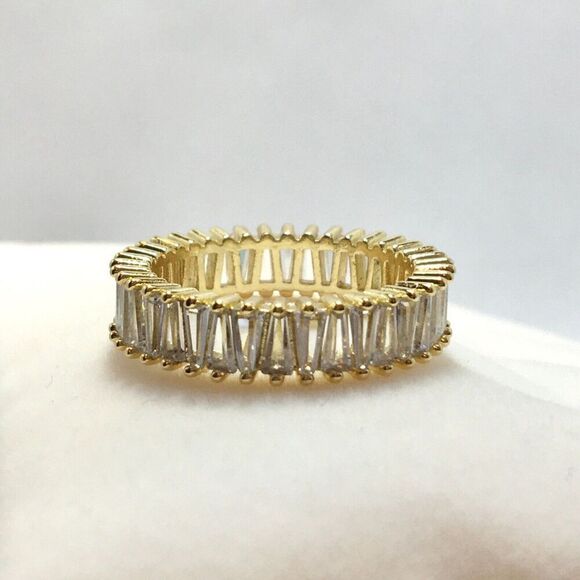 Eternity Ring Size 6.75 Yellow Gold Tone Faux Diamond Clear Rhinestones - Picture 10 of 16